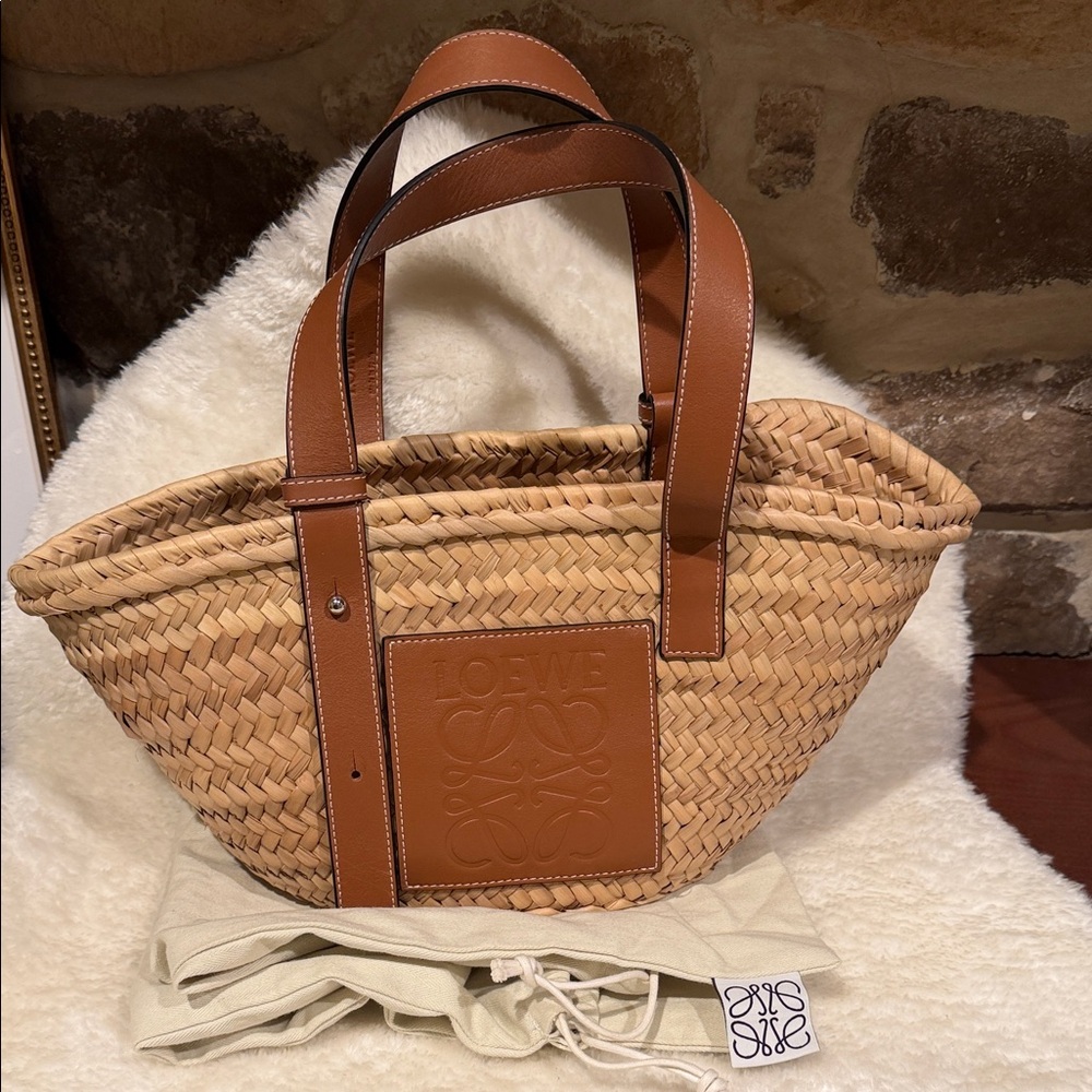 Loewe Raffia Woven Basket with Calfskin Authentic NEW